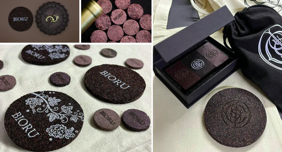 Tableros y piezas bio-basadas COREZA x BIORU hechas con residuos de cereza y uva