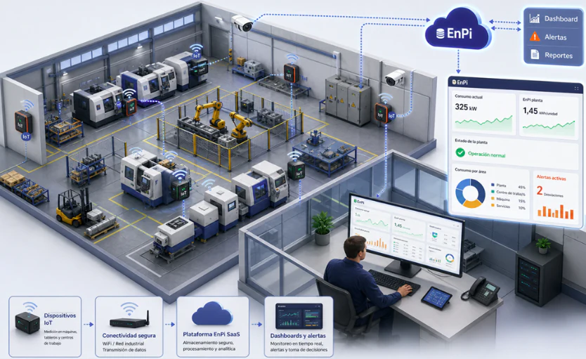 Esquema de EnPi: sensores IoT en una planta industrial, plataforma en la nube y paneles de control energético